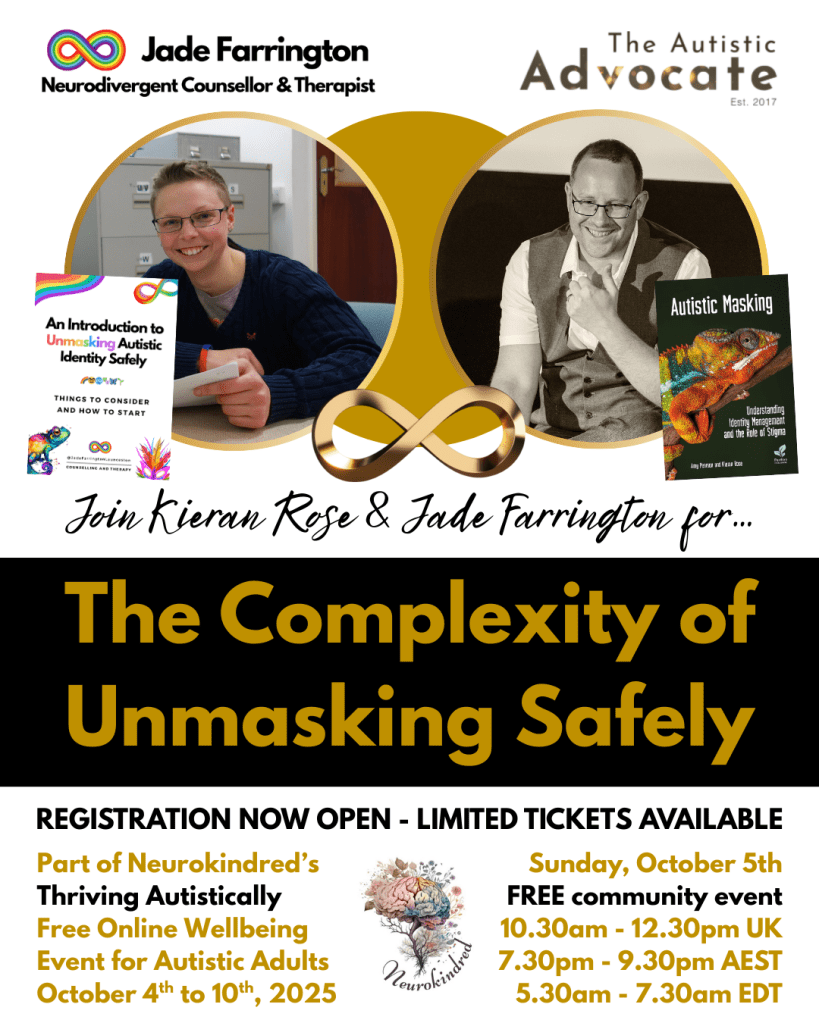 Join Kieran Rose and Jade Farrington for The Complexity of Unmasking Safely. Part of Neurokindred's Thriving Autistically free online wellbeing event for Autistic Adults